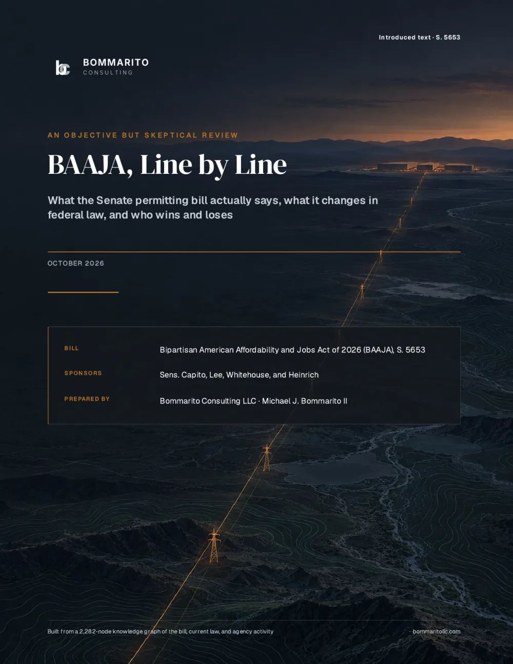 Cover of the report: BAAJA, Line by Line, over a dusk landscape with a lit transmission corridor running toward a data center.