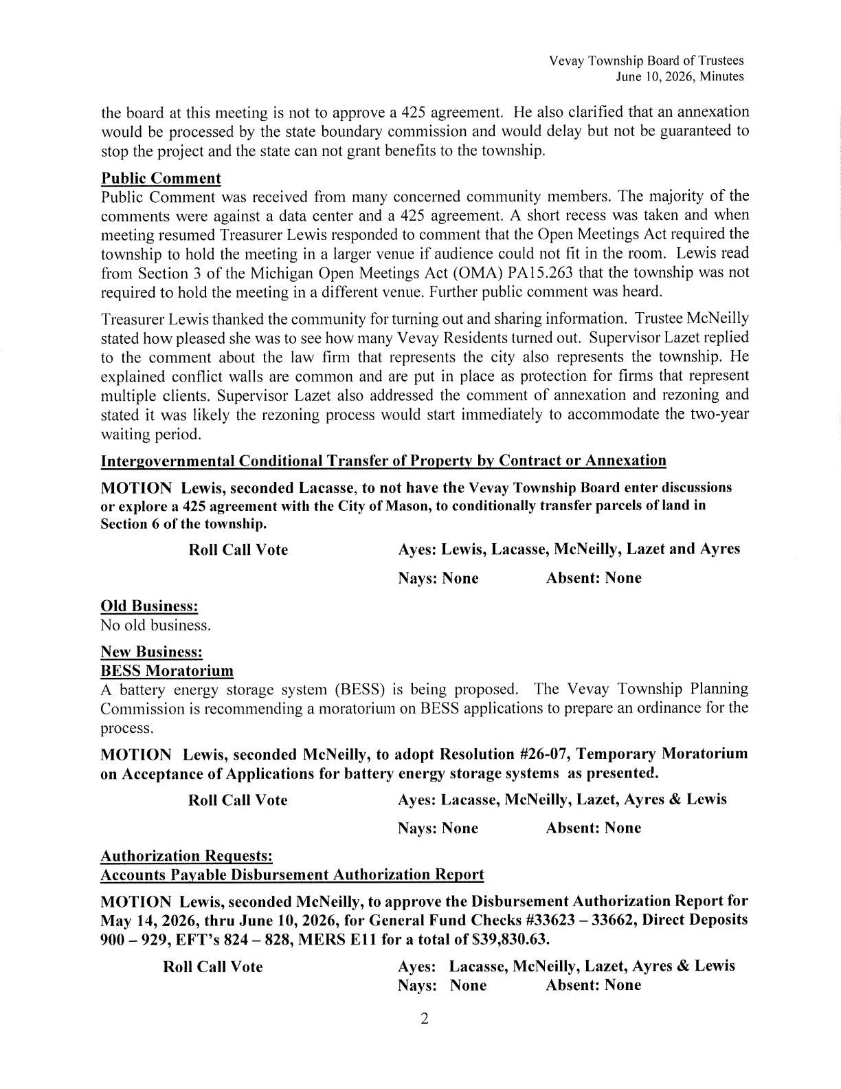 Township motion declining PA 425 discussions, PDF page 2