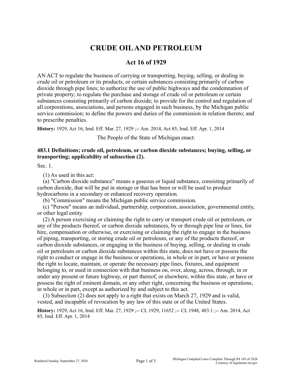 Original Petroleum pipeline statute, PDF page 1